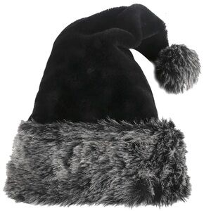 NWOT Super Soft Plush Santa Hat, Black Faux Fur w/Grey Trim and Pom Pom